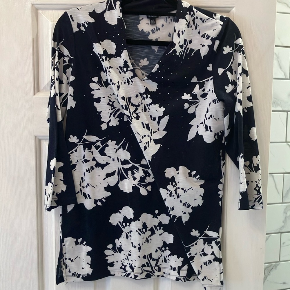 Chico's Blue and white floral top with sequin accents
